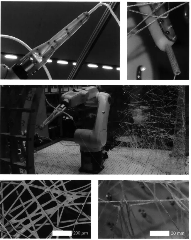 Figure  3-15:  Fiber  pulling  tool  (top),  fiber  pulling  tool  on  KUKA  robotic  arm  with external  hook  structure  (middle),  comparison  of  epoxy  resin-soaked  polypropylene twine  (bottom right)  and  SEM  image  of  scaffolding  silk  fiber  (