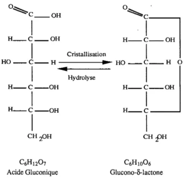 Figure 11.1.  Représentation chirniquede l'Acide Gluconique et de la Glucono-0-lactone