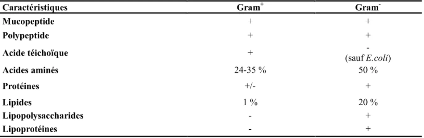 Tableau  I.2-1 :  Composition  chimique  des  parois  des  bactéries  à  coloration  de  Gram  positif  ou  négatif,  d’après Larpent &amp; Larpent-Gourgaud (1985)