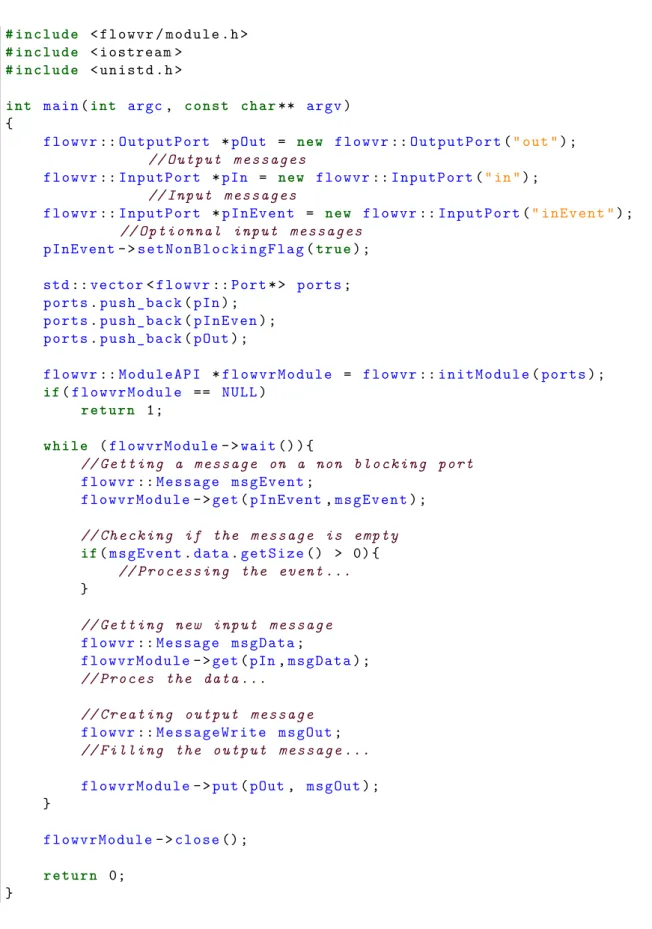 Figure 3.1 – Squelette d’un module FlowVR en C++. Le module dispose d’un port