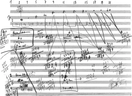 Fig. 3: Parte superior de um rascunho em que figura o espectro original de Périodes (Coleção Gérard  Grisey, Musikmanuskripte, pasta Dérives 1/3, Fundação Paul Sacher, Basileia)