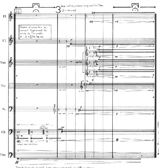 Fig. 9: Périodes, última página da partitura (GRISEY, 1974). Após o ataque da fundamental pelo  trombone sobreposta ao motivo rítmico do contrabaixo (compasso 1), os instrumentos restituem  sucessivamente o papel dos harmônicos do espectro sintético (compa
