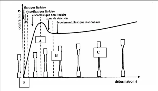 Figure I.4. Courbe contrainte–déformation d’un polymère semi-cristallin en traction  uniaxiale