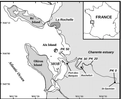 Fig.  0.2  Estuaire  de  la  Charente  et  Bassin  de  Marennes-Oléron  (MOB).  Les  lignes  parallèles  à  la  côte  indiquent le niveau de l'eau aux basses mer de vives eaux (zones intertidales)