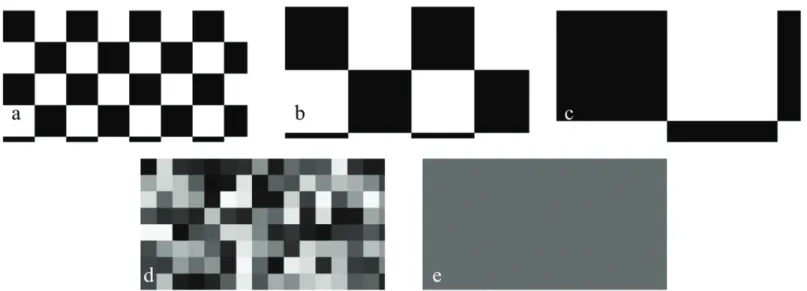Fig 1. Stimulus patterns used for the tank bottom and side stimuli. (a) Small checkerboard, (b) medium checkerboard, (c) large checkerboard, (d) television static, and (e) uniform grey