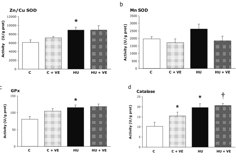 Fig. 2. Effect of unloading and vitamin E supplementation on activity of a) cytosolic (SOD  Zn 2+ , Cu 2+ ) and b) mitochondrial (Mn 2+ ) superoxide dismutase, c) glutathione peroxidase  (GPx) and d) catalase (CAT)