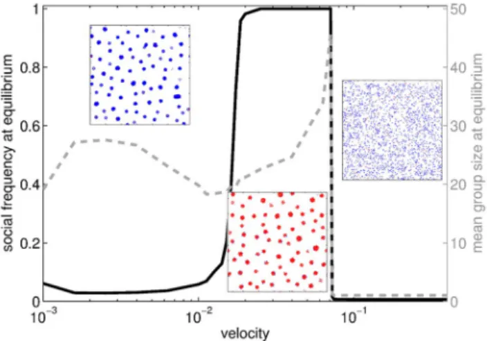 Figure 4. Evolutionary endpoints and mean group size at equilibrium when the noise parameter g varies