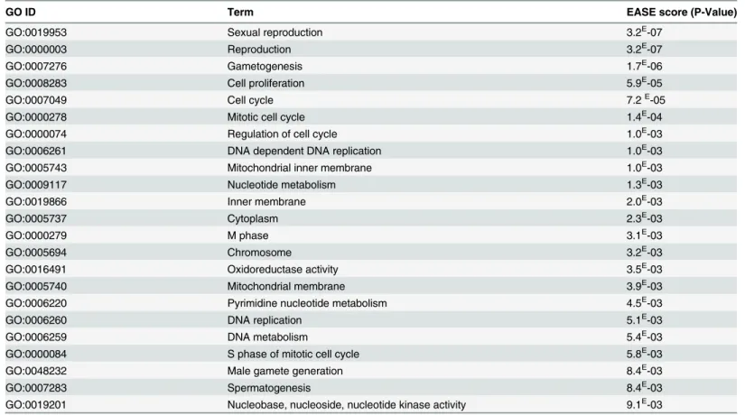Table 3. List of significantly enriched GO terms. This table lists the significant GO terms (P-Value/EASE score &lt; 0.01) retrieved by the EASE software for the Intersection II group in this analysis (245 well annotated DEGs recognized by Gene Symbol iden