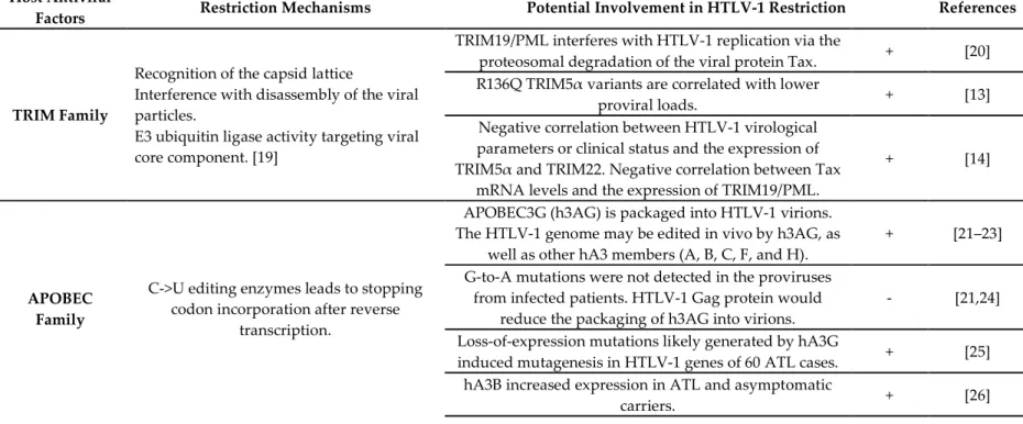 Table 1. Potential involvement of host antiviral factors in HTLV-1 restriction. Regarding TRIM Family implication, all data reinforce the potential involvement of  the TRIM family in the early restriction of HTLV-1 replication