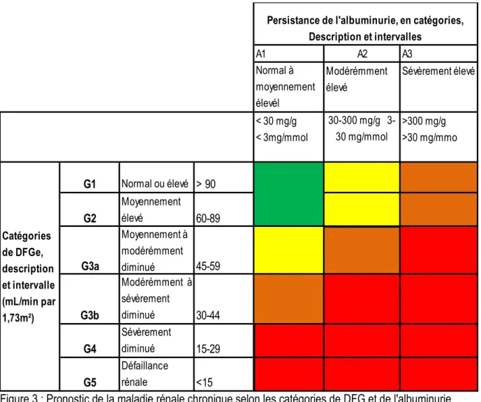 Figure 3 : Pronostic de la maladie rénale chronique selon les catégories de DFG et de l'albuminurie  