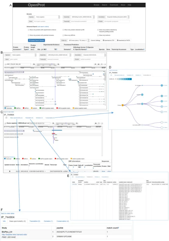Figure 2. OpenProt features. (A) OpenProt Search page. All OpenProt pages are accessible from the top menu