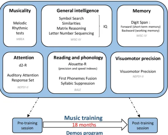 Fig 1. Experimental procedure with the different tests presented before and after 18 months of music training.