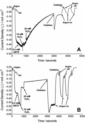 Figure 20. Chronoamperometric trace for a (A) BOD/Anthracene-MWCNTs (pH 6.5) and (B)  laccase/Anthracene-MWCNTs  (pH  4.5)  Toray-paper  electrode  in  a  hydrodynamic  citrate/phosphate buffer solution (0.2 M), poised at 0.2 V (vs