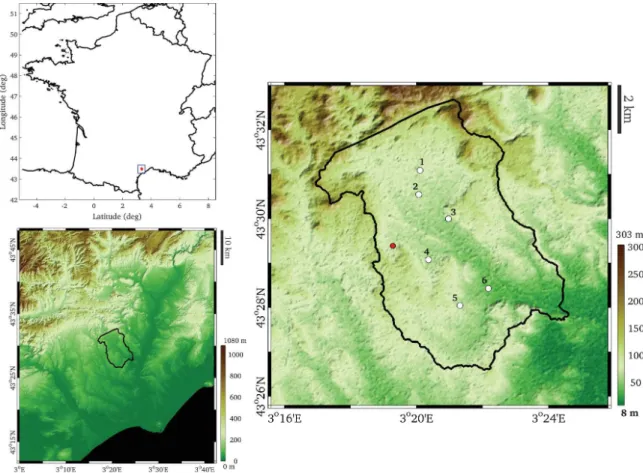 Figure 6.1 – Localisation du bassin versant de la Peyne en France, et cartes topogra- topogra-phiques illustrant sa position dans la région