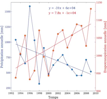 Figure 6.4 – Précipitation et évapotranspiration potentielle (Penman) cumulée annuelle entre 1993 et 2009 et leurs tendances linéaires.