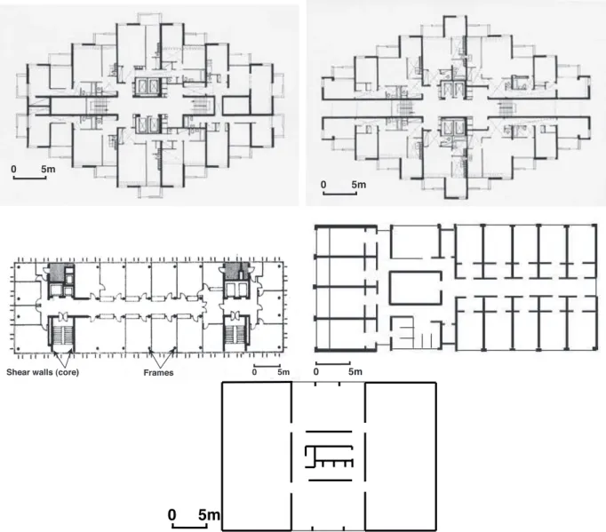 Figure 3.2 : En haut : Plan des étages pairs (à gauche) et impairs (à droite) de la Tour Mont-Blanc ; Au centre : plan d’étage courant de l’Hôtel de Ville de Grenoble (à gauche) et des Tours ARPEJ (à droite) ; En bas : plan d’étage courant du 7 rue P