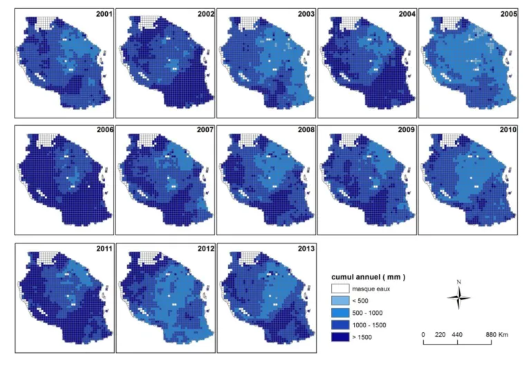 Figure 27 : Cartographie des précipitations interannuelles sur la période 2001-2013 à partir des données TRMM (Source : Boussougou, 2017)