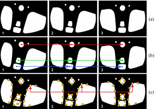 Fig. 3. Matching of regions: (a) Segmentation of regions in a sequence by Otsu’s method
