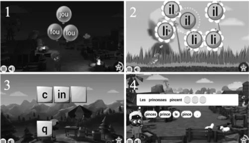Figure 1 : Quatre exemples de niveaux de la version française de GraphoLearn : 1. Niveau classique (l’enfant entend la syllabe /lu/ et choisit l’une des options) ;