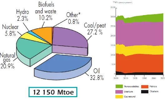 Figure 1-2 : Contribution de chacune des ressources primaires à la consommation en énergie primaire mondiale en  2009 [4] et scénario tendanciel d’évolution de la consommation d’énergie primaire française [5] 