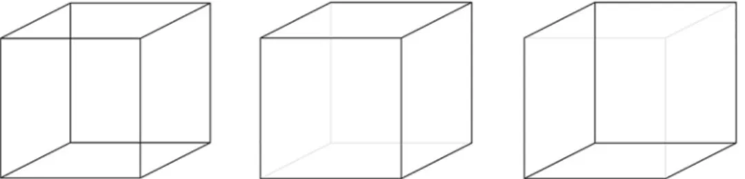 Fig 1. The Necker cube, an example of ambiguous figure (left), and its two non-ambiguous versions (middle, right).