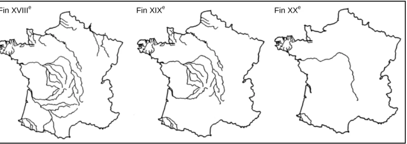 Fig. 1. Evolution de la répartition du Salmo salar L. en France au cours des siècles (d’après  Thibault 1987)