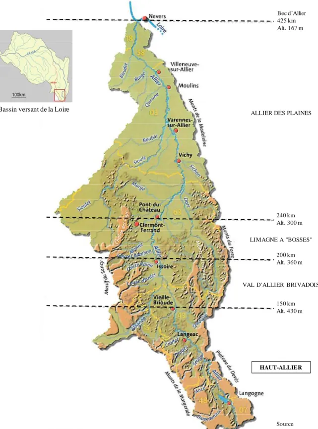 Fig. 5. Bassin versant de l’Allier (Fédération pour la Région Auvergne pour la Nature et  l'Environnement) (FRANE 2008)