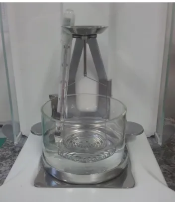 Figure III-3 : Dispositif de pesée d'un échantillon dans l'air et dans un fluide 