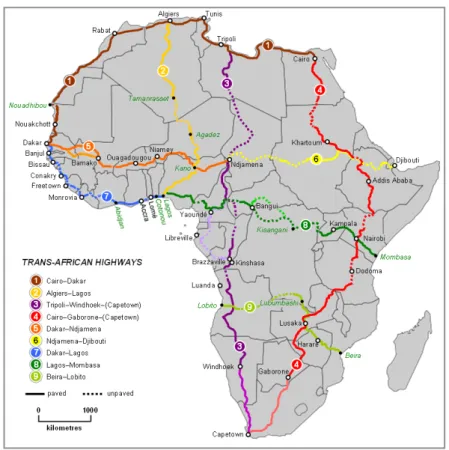 Fig. III.5 Réseau routier transafricain en cours d’élaboration, extrait Wikipédia[32]