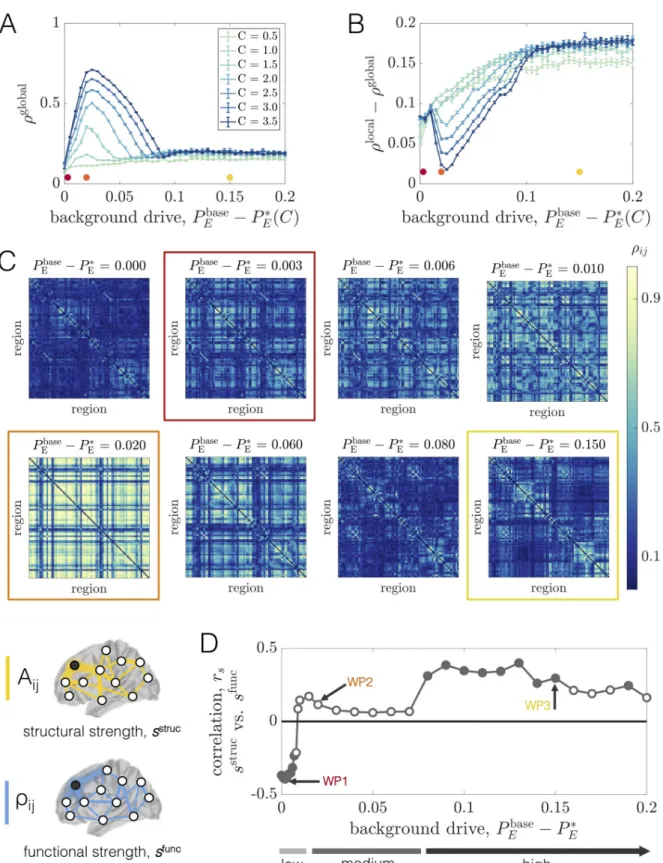 Fig 3. Long-range coupling strength C and background drive P base E modulate network phase-coherence and relationships between structural and functional connectivity at baseline