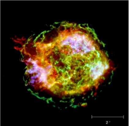 Figure 2.8 – Image Chandra en Rayon X du SNR Cas A où est représentée en vert l’émission synchrotron