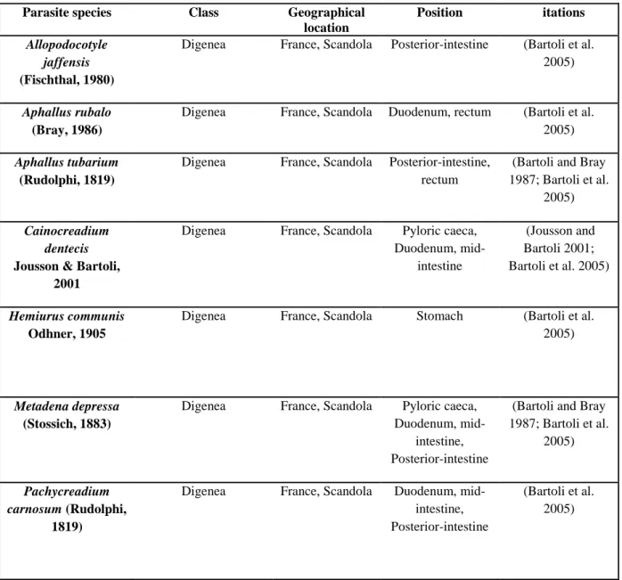 Table  2  Bibliographical  review  of  the  known  parasites  of  Dentex  dentex;  geographical  location, position of the parasites and references