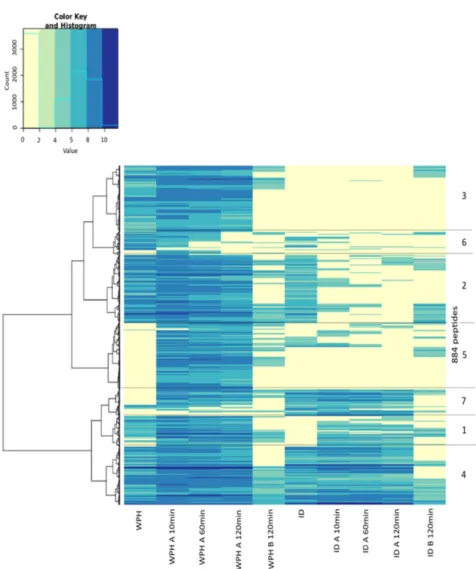 Figure 1. NanoLC–MS/MS heatmap showing all the peptides identified as a function of time in the  Ussing chamber (UC) resulting from undigested (WPH) and previously digested (ID) whey protein  hydrolysates: these are assembled into one of 7 groups based on 