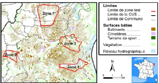 Figure 1. Localisation des quatre zones tests utilisées pour analyser l’évolution des  tissus urbains (Source: BDTOPO®2002)