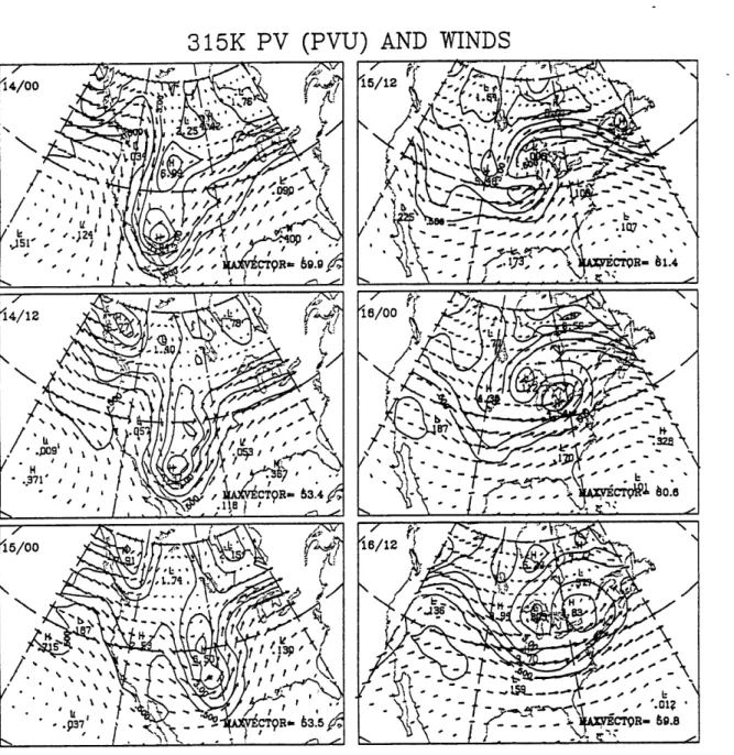 Figure  3.3  315K  PV  (PVU)  and  isntropic  winds.  Conventions  as  in figure  3.1  except the  central  longitudes  are  110W  (left)  and  90W  (right)