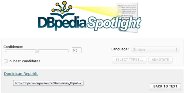 Fig. 4.12 DBpedia Spotlight utilisé sur le document relatif à République dominicaine La seconde partie de la tâche consiste à aller chercher dans la page DBpedia trouvée les informations manquantes dans le document et à les mettre dans l’ontologie