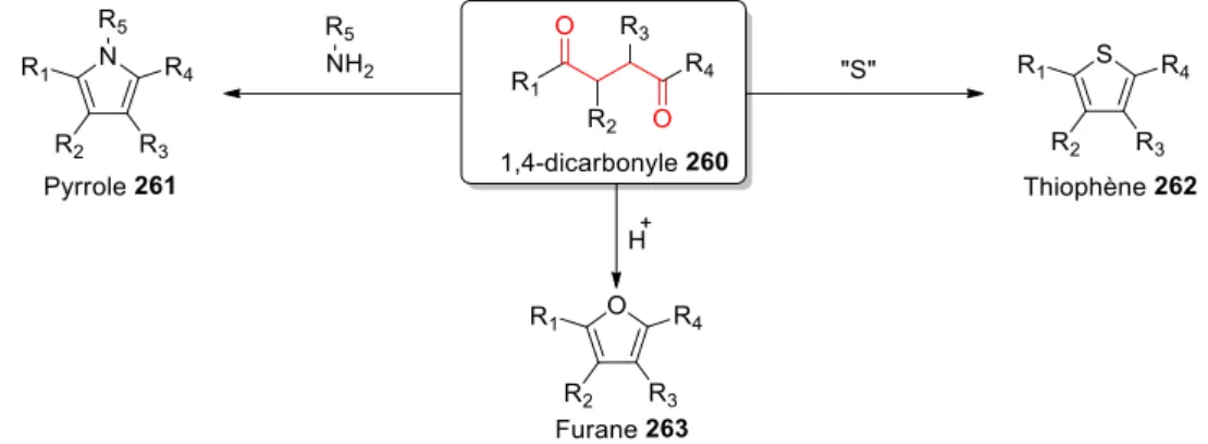 Figure 18. Synthèse d’hétérocycles aromatiques à partir de motifs 1,4-dicarbonylés Le mécanisme de cette réaction a été étudié par Amarnath et Amarnath [66] 