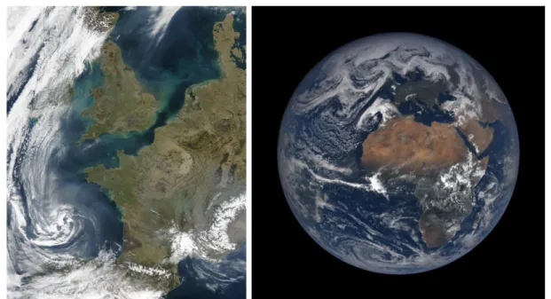 Figure 2.4 – Ces images proviennent d’imageurs satellite. À gauche : image prise le 22 mars 2002 par le satellite AQUA (circumpolaire)