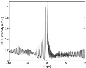 FIG. 6. 共Color兲 Time- and frequency-resolved femtosecond CARS spectrum of iodine. The ordinate is the time delay between single pump and the Stokes/pump pulse pair