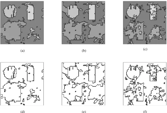 Fig. 5.31 - Segmentations sur l'image-test 8, contenant (a et d) 27 regions, (b et e) 39 regions et (c et f) 70 regions.