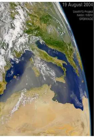 Fig. 3.3 – Les poussières sahariennes en Méditerranée : image SeaWiFS du 19/08/2004