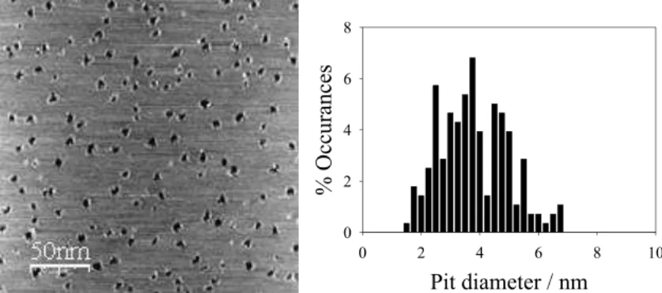 Figure 1.  STM images of HOPG surfaces oxidized in 0.15 ppm O 3  at 300 °C for 15 min