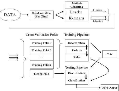Fig. 1. Data processing strategy combining clustering with Rough Sets analysis and crossvalida- crossvalida-tion.