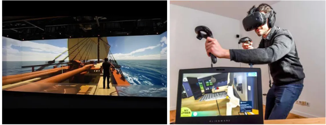 Figure 1.1 – Examples of the two main visual display systems to experience VR. Left: A user immersed in the Cave Immersia in Rennes, France