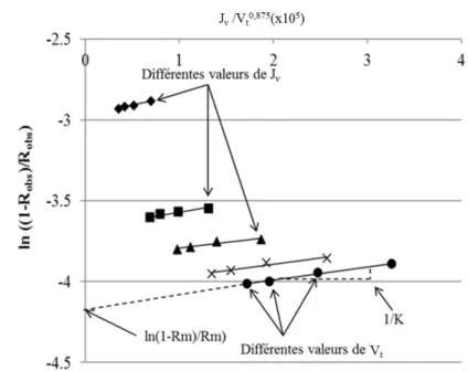 Figure I- 12 : Exemple de détermination du coefficient de transfert k et des taux de rejet réels  R i,m  par la méthode de variation de vitesse (VVM)