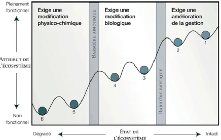 Figure 7 : Modèle conceptuel de la dégradation et de la restauration d’un écosystème. Issu de Parcs  Canada et al