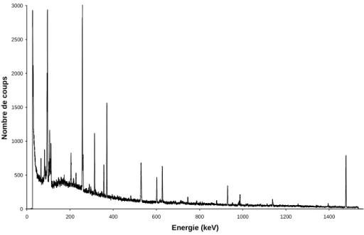 Figure 3-6 : exemple de spectre de radioactivité naturelle obtenu après plusieurs jours de comptage  