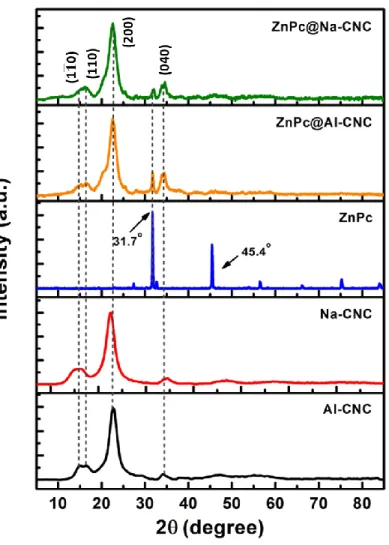 Fig. 5. X-ray diffractograms of bare AI-CNC, bare Na-CNC, bare ZnPc, ZnPc@AI-CNC and ZnPc@Na-CNC.
