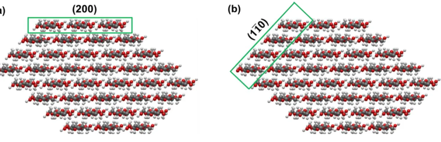 Fig. S2.  Cross-sectional view of one CNC . (a) Hydrophobic plane (200) and (b) Hydrophilic plane  (1 1 0 )  have  been chosen for the DFT based gemometry and electronic properties calculations