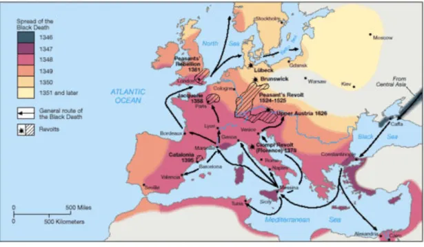 Figure 5 : carte de diffusion de la peste noire entre 1347 et 1351 en Europe. D’après [68] 